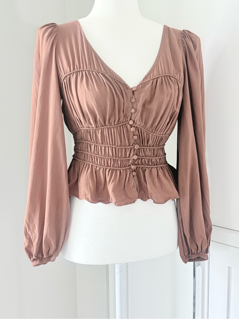Astr Button-Front Smocked Peplum Blouse in Dusty Mauve